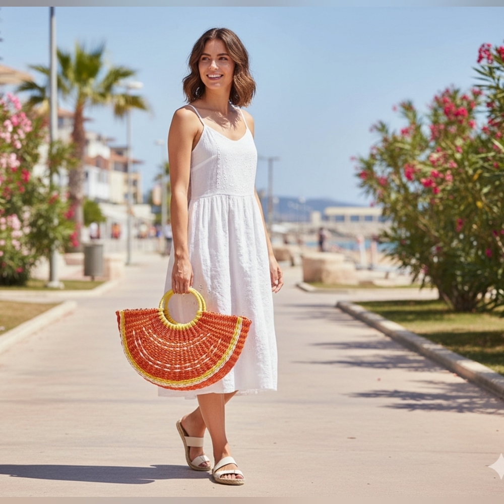Sunglow Style Beach Tote Bag Woven Orange Slice Shaped with Handles Retro Vibe